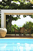 Group of chairs with sea view at the pool of the Surya Lanka Ayurveda Beach Resort, Talalla, Matara, South coast, Sri Lanka, Asia