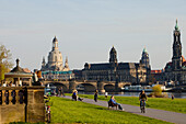 City view with Elbe River, Elbe meadows, Elbe bicycle path, Augustus Bridge, Frauenkirche, Church of our Lady, Ständehaus, tower of the town hall, Hofkirche, Dresden, Saxony, Germany