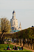 Blick vom Park des Japanischen Palais auf Frauenkirche, Dresden, Sachsen, Deutschland