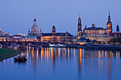 Evening view of the city with Elbe River, Augustus Bridge, Frauenkirche, Church of our Lady, Brühl´s Palais, Ständehaus, Hofkirche and Hausmannsturm, tower of the Dresden Castle, Dresden, Saxony, Germany