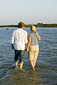 Man and woman wades in the sea, hand in hand