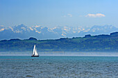 Segelboot mit Schweizer Alpen im Hintergrund, Bodensee, Wasserburg, Lindau, Bayern, Deutschland