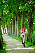 Female cyclist passing lime tree alley, Altmuehltal cycle trail, Altmuehltal natural park, Altmuehltal, Bavaria, Germany