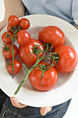 Ein Teller rote Tomaten, Gesundes Essen, Gemüse, Obst