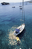 View from from the crows nest, high angle view, bird´s eye view of sailing boats, Mediterranean sea, Greece, Europe