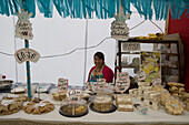Woman selling cakes at market stand, Puerto Montt, Los Lagos, Patagonia, Chile, South America, America