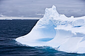 Antarctic iceberg with penguins under clouded sky, South Shetland Islands, Antarctica