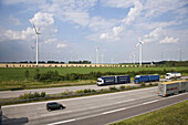Wind turbines alongside the Autobahn A2 direction Berlin, Lower Saxony, Germany