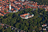 Aerial shot old town with St. Mary's Church and Celle castle, Celle, Lower Saxony, Germany