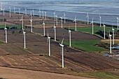 Aerial shot wind farm, North Sea coast, Lower Saxony, Germany