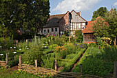 Siftsgarten Fischbeck, Kräutergarten, Blick vom Garten auf die Stiftsgebäude, Fischbeck, Hessisch Oldendorf, Niedersachsen, Deutschland