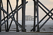Buildings on stilts on the beach at St Peter-Ording, Schleswig-Holstein, North Sea coast, Germany