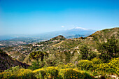 View from Castelmola, Taormina towards Mount Etna, Sicily, Italy