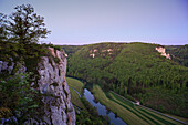 View to the Eichfelsen rocks above the Danube river, near Beuron monastery, Upper Danube nature park, Danube river, Baden-Württemberg, Germany