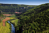 View over the Danube valley to Beuron monastery, Upper Danube nature park, Danube river, Baden-Württemberg, Germany