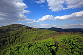 View from Auerbach castle near Bensheim over the hills, Hessische Bergstrasse, Hesse, Germany