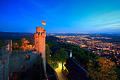 View from the illuminated Auerbach castle near Bensheim to the plains of the Rhine river, Hessische Bergstrasse, Hesse, Germany