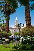 One of bell towers of the great Cathedral on the Plaza de Armas in Arequipa, Peru, South America