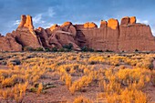 Sandstone fins glowing in the light of the setting sun, Arches National Park Utah USA