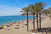 Beach in high season, Benalmadena. Costa del Sol, Malaga province, Andalusia, Spain
