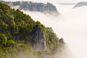 Swabian Alb, fogged Upper Danube valley near Beuron, Jurassic rocks and mixed forest, Baden-Württemberg, Germany