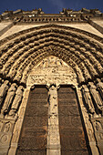 Statues of saints decorated the main gate of Notre-Dame cathedral, Paris. France