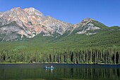 Canoeing on Pyramid lake. Jasper National Park, Rocky mountains, Alberta, Canada