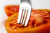 Close-up of a tomato and a fork  Still Life  Color