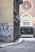 Tram in old town in Milan, Lombardy, Italy