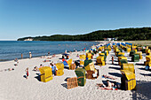 Roofed wicker beach chairs at sandy beach, Baltic Sea Spa Binz, Ruegen, Mecklenburg-Vorpommern, Germany