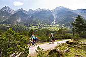 Cycling tour, Isar Cycle Route between Scharnitz and Mittenwald, Karwendel range, Upper Bavaria, Germany