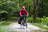 Fahrradfahrerin fährt über überschwemmten Isarradweg, Isarauen bei Moosburg, Oberbayern, Deutschland