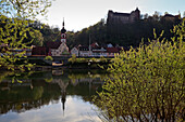 View over Main river to the castle, Rothenfels, Main river, Odenwald, Spessart, Franconia, Bavaria, Germany