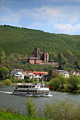 Ausflugsschiff auf dem Neckar, Blick zur Mittelburg, Neckarsteinach, Neckar, Baden-Württemberg, Deutschland