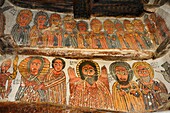 Ethiopia,Tigray, Takatisfi cluster, Petros and Paulos church 17th century, Mourning Mary and John followed by Syrian Saint Abba Garima, Abba Ewostatewos and Tekla Haimanot lower register  In the upper register stand 10 of the 24 elders of the Apocalypse