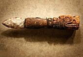 Flint Aztec sacrificial knife with carved wooden handle at the National Museum of Anthropology in Mexico City