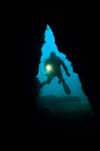 Scuba diver shining light into and exploring a cave off of Santa Cruz Island, California Channel Islands National Park, USA