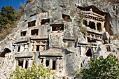 Ancient Lycian rock cut tombs located in modern town of Fethiye  Province of Mugla, Turkey