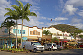 Cars and stores at North Shore Marketplace, Haleiwa, North Shore, Oahu, Hawaii, USA, America