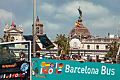 Tourists having a city tour, Passeig de Colom, Barcelona, Catalonia, Spain