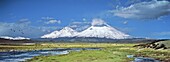 Vulcano Parinacota 6342m and Pomerape 6286m,Chile, are part of the Lauca National Park in the Altiplano of northern Chile  Lauca National Park is part of the Biosphere Reserve Lauca, The whole area is shaped by vulcanic processes  America, South America