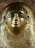 Detail of golden Egyptian coffin lid Neues Museum or New Museum on Museumsinsel or Museum Island in Berlin
