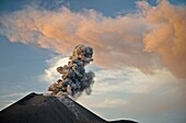 Volcanic ash plume at sunset, Anak Krakatau Volcano, Indonesia