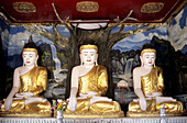 Myanmar  Burma), Bago, Shwemawdaw Paya, interior with three Buddha statues