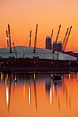 O2 Arena reflecting in Royal Victoria Docks, Newham, London, England, UK
