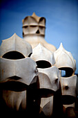 Chimneys on the roof terrace of the Casa Mila  aka La Pedrera) by Gaudi, Barcelona. Catalonia, Spain