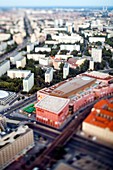 Aerial view from the TV Tower of the former East Berlin around Alexanderstrasse area, Germany  Tilted lens used for a shallower depth of field and to create, combined with the aerial view, a miniaturization effect