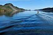 motorboat cruising through Saglek Fjord, Torngat Mountains National Park, Newfoundland and Labrador, Canada