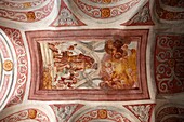 Slovenia, Bled, Castle, chapel interior, painted ceiling