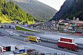 Highway, Motorway, railway station and buildings at Brennerpass, Brenner, Tyrol, South Tyrol, Austria, Italy